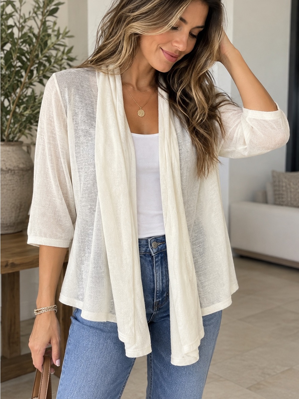 Pure DKNY Ivory 100% Linen Waterfall Cardigan P/S Short Sleeve Lightweight